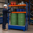 Steel Drum and Small Container Rack with Painted Spill Tray, 235 L Containment, Adjustable Shelving, for Flammable Liquids Storage