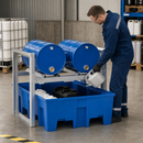 Plastic Spill Pallet Drum Rack for 2 x 60 Litre Drums, 240 Litre Containment, Forklift Pockets, for Safe Chemical Storage