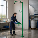 Stainless Steel Body Shower with Eye Shower and Plastic Basin, 75 L/min Flow Rate, Floor Mounted, for Safety Stations
