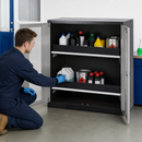 Steel Half Height Chemical Storage Cabinet in Anthracite with Silver Wing Doors, 2 Pull-Out Shelves, for Safe Storage of Hazardous Liquids