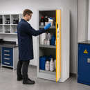 Powder Coated Sheet Steel Chemical Cabinet with 3 Drip Trays, Grey Body & Yellow Hinged Door, 600 x 500 x 1400 mm, for Hazardous Substances