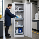 Steel High Cabinet for Water-Polluting Liquids, 600mm x 500mm x 1950mm, with 3 Slide-Out Spill Trays, Galvanised Spill Pallet, and Safety Lock, for Safe Storage of Toxic Substances