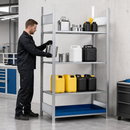 Steel Hazmat Small Container Rack with 3 Galvanised Shelves, Painted Spill Tray, 1012 x 437 x 2000 mm, for Safe Storage of Flammable Liquids