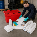 Polyethylene Emergency Oil Spill Kit in Red Transport Box, 50L Absorption Capacity, with Mats, Socks, Cushions, Gloves & Goggles (Pack of 1)