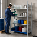 Steel Hazmat Container Rack with 3 Galvanised Grids, 1360 x 437 x 2000 mm, 31 L Containment Volume, for Safe Storage of Flammable Liquids