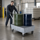 Mobile Steel Spill Pallet for 2 x 205 L Drums, 235 L Containment, with Galvanised Grid & Wheels, for Safe Hazardous Material Transport