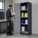 High Cabinet for Water-Polluting Liquids, Anthracite Sheet Steel, 3 Adjustable Shelves, 19L Spill Pallet, with Cylinder Lock, for Safe Chemical Storage