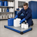 Powder Coated Steel Spill Tray for Small Containers, 30 L Capacity, 987 x 600 x 95 mm, with Galvanised Perforated Plate, for Workplace Use