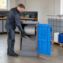 Polypropylene Dispenser Station S with Magnetic Closure, 600 x 640 x 1130 mm, Includes Absorbent Roll and Mats, for Workshops & Production