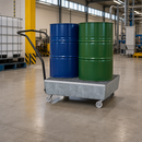 Galvanised Steel Mobile Spill Pallet for 2 x 60 L Drums, 80 L Containment, with Castors, for Safe Transport of Hazardous Materials