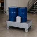 Galvanised Steel Mobile Spill Pallet for 2 x 205 Litre Drums, 235 Litre Containment, with Castors, for Safe Storage of Hazardous Materials