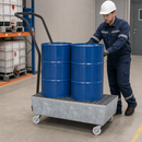 Galvanised Steel Mobile Spill Pallet for 2 x 60 L Drums, 80 L Containment, with Grid, for Safe Transport of Hazardous Materials
