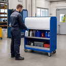 Steel Mobile Small Parts Storage with Roller Shutter, 1235 mm Width, for Safe Storage of Hazardous Liquids (Ready Assembled)
