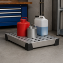 Stainless Steel Spill Tray for Small Containers, 15 L Capacity, 500 x 600 x 95 mm, with Perforated Sheet, for Workplace Use