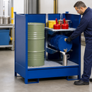 Steel Hazmat Station with Shelf for 1 x 205 Litre Drum, 240 Litre Containment, Stackable, Painted in Gentian Blue, for Safe Storage of Flammable Liquids