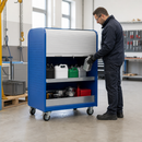Steel Mobile Small Parts Storage with Roller Shutter, 1235 mm Width, for Safe Storage of Hazardous Liquids (Ready Assembled)