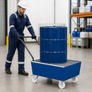 Mobile Steel Spill Pallet for 1 x 205 Litre Drum, 235 Litre Containment, with Grid, for Safe Storage of Flammable Liquids