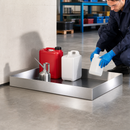 Compact Stainless Steel Spill Tray for Small Containers, 40 L Capacity, 510 x 845 x 120 mm, for Safe Hazardous Material Storage