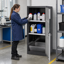 Steel Half Height Chemical Cabinet with Silver Doors, Anthracite Body, 2 Shelves, 19L Spill Pallet, for Safe Storage of Hazardous Liquids
