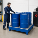 2mm Steel Spill Pallet for 4 x 205 Litre Drums, 270 Litre Containment, with Galvanised Grid, for Safe Storage of Hazardous Materials
