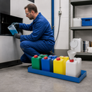 Steel Collection and Disposal Station with Spill Pallet for 4 Canisters, 10 Litre Capacity Each, Dimensions 987 x 400 x 75 mm, for Safe Liquid Management