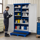 High Steel Hazmat Cabinet with Wing Doors, 6 Spill Trays & Spill Pallet, 1200 x 500 x 1950 mm, for Safe Storage of Hazardous Liquids
