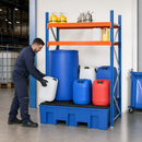 Polyethylene Drum and Small Container Rack with Spill Tray, 240L Containment, Adjustable Shelves, 1364 x 865 x 2000 mm, for Safe Chemical Storage
