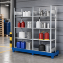 Steel Hazmat Small Container Rack with 4 Adjustable Levels, 280 L Containment, Galvanised Frame, for Safe Storage of Flammable Liquids (Flat Pack)