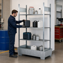 Galvanised Steel Hazmat Small Container Rack with 4 Shelves, 1236 x 816 x 2100 mm, for Safe Storage of Flammable Liquids