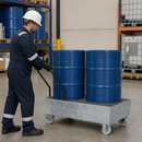 Galvanised Steel Mobile Spill Pallet for 2 x 205 L Drums, 235 L Containment, with Removable Grid, for Safe Transport of Hazardous Materials