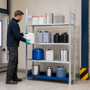 Steel Hazmat Container Rack with 3 Galvanised Grids, 1360 x 437 x 2000 mm, 31 L Containment Volume, for Safe Storage of Flammable Liquids
