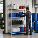 Steel Hazmat Small Container Rack with 3 Adjustable Shelves, Painted Spill Tray, 1312 x 437 x 2000 mm, for Safe Storage of Flammable Liquids