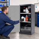 Steel Half Height Chemical Cabinet with Silver Doors, Anthracite Body, 2 Adjustable Shelves, 19L Spill Pallet, for Safe Storage of Hazardous Liquids
