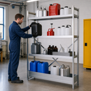 Stainless Steel Hazmat Small Container Rack with Spill Tray, 4 Storage Levels, Adjustable Feet, 575 x 300 x 1800 mm, for Flammable Liquids & Chemicals