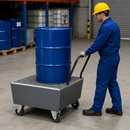Mobile Steel Spill Pallet for 1 x 205 Litre Drum, 238 Litre Containment, with Galvanised Grid, for Safe Transport of Hazardous Materials