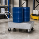 Mobile Steel Spill Pallet for 2 x 205 L Drums, 235 L Containment, with Galvanised Grid & Wheels, for Safe Hazardous Material Transport