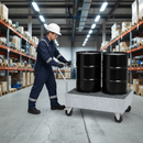 Galvanised Steel Mobile Spill Pallet for 2 x 205 L Drums, 235 L Containment, with Grid, for Safe Transport of Hazardous Materials