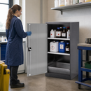 Steel Half Height Chemical Cabinet with Silver Doors, Anthracite Body, 2 Adjustable Shelves, 19L Spill Pallet, for Safe Storage of Hazardous Liquids