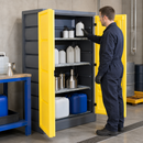 Polyethylene Environmental Cabinet for Corrosive Liquids, 4 Galvanised Grids, 75L Containment, Grey & Yellow, Ideal for Safe Storage