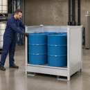 Galvanised Steel Hazmat Station for 4 x 205 Litre Drums, 465 Litre Containment, Stackable, for Safe Storage of Flammable Liquids