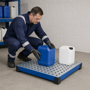 Powder Coated Steel Spill Tray for Small Containers, 30 L Capacity, 987 x 600 x 95 mm, with Galvanised Perforated Plate, for Workplace Use