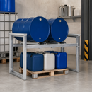 Steel Galvanised Stacking Shelf for 2 x 200 Litre Drums, 700 kg Load Capacity, Forklift Pockets, for Safe Storage of Hazardous Materials