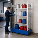 Galvanised Steel Hazmat Container Rack with 4 Shelves, 1236 x 816 x 2100 mm, 235 L Containment Volume, for Safe Storage of Flammable Liquids