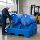 Blue Polyethylene Dispensing Station for 2 x 205 Litre Drums, 415 Litre Containment, 800 Kg Load Capacity, for Safe Chemical Storage
