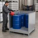 Galvanised Steel Hazardous Material Station for 4 x 200 Litre Drums, 260 Litre Containment, Stackable, for Safe Storage of Flammable Liquids