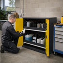 Steel Half Height Chemicals Cabinet in Anthracite with Yellow Folding Doors, 2 Slide-Out Sumps, for Safe Storage of Water-Polluting Liquids (2 Pull-Out Shelves)
