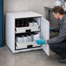Underbench Acid and Alkali Cabinet SL 62, Grey Sheet Steel, with 2 Pull-Out Spill Trays, for Safe Storage of Corrosive Liquids