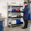 Hazmat Small Container Rack with 4 Plastic Spill Trays, 1360 x 437 x 2000 mm, for Safe Chemical Storage
