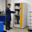 Powder Coated Sheet Steel Chemical Cabinet with 3 Drip Trays, Grey Body & Yellow Hinged Door, 600 x 500 x 1400 mm, for Hazardous Substances