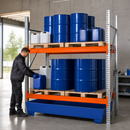 Steel Spill Pallet Rack with 2 Storage Levels, 2025 x 1300 x 2700 mm, 4400 kg Bay Load, 530 L Containment, for Storing Flammable Liquids (Flat-Pack)